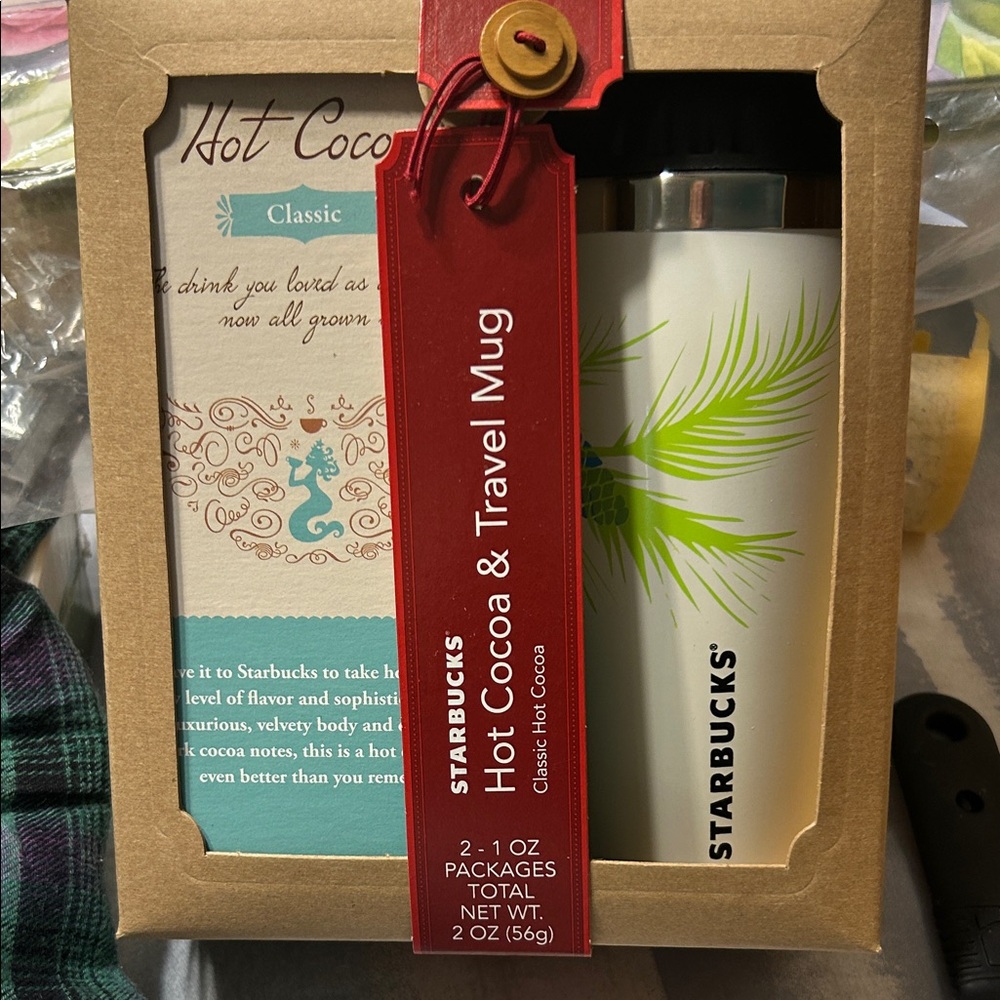 Starbucks White and Green Travel Mug with Hot Cocoa
